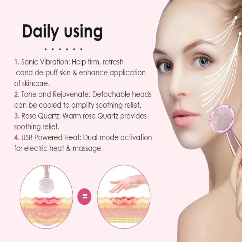 Rouleau électrique vibrant en Quartz Rose pour le visage