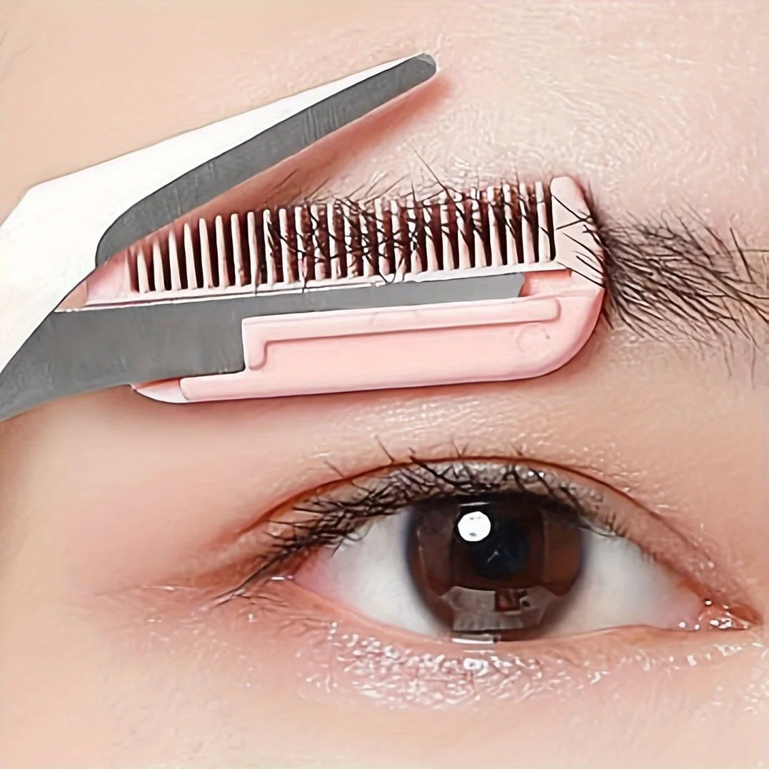 Pink eyebrow scissors with built-in comb